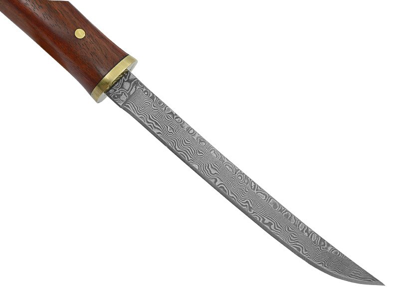 Mini catana para colecionador em aço damasco, empunhadura em sândalo vermelho, 18 cm