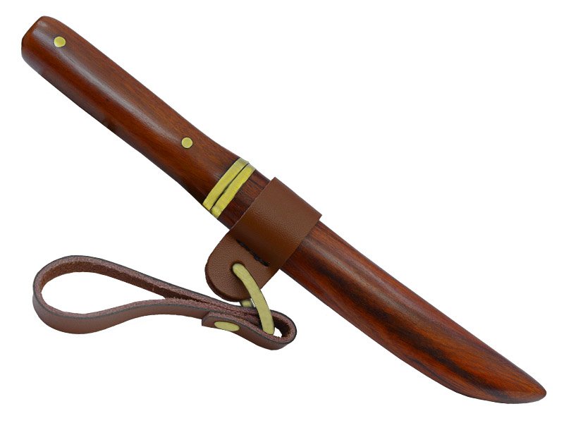 Mini catana para colecionador em aço damasco, empunhadura em sândalo vermelho, 18 cm