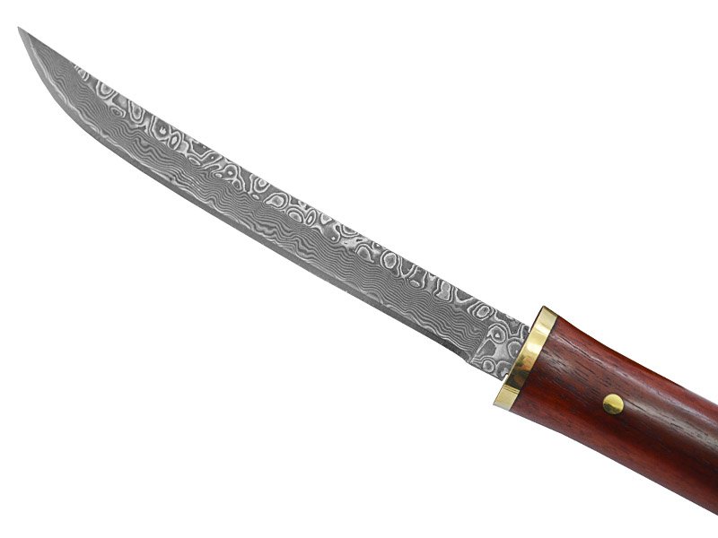 Mini catana para colecionador em aço damasco, empunhadura em sândalo vermelho, 18 cm