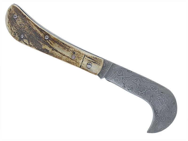 Adelar Filippon Britola para colecionador em aço damasco com empunhadura em chifre de carneiro, 18 cm