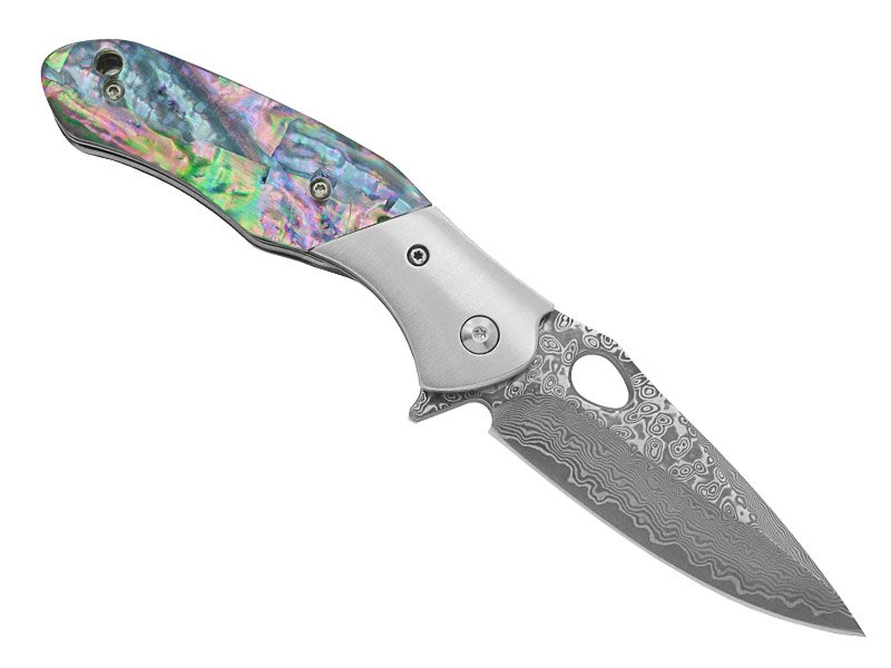 Canivete para colecionador em aço damasco. Empunhadura em abalone, 18 cm
