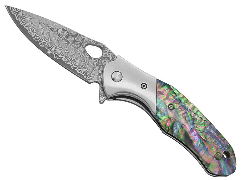 Canivete para colecionador em aço damasco. Empunhadura em abalone, 18 cm