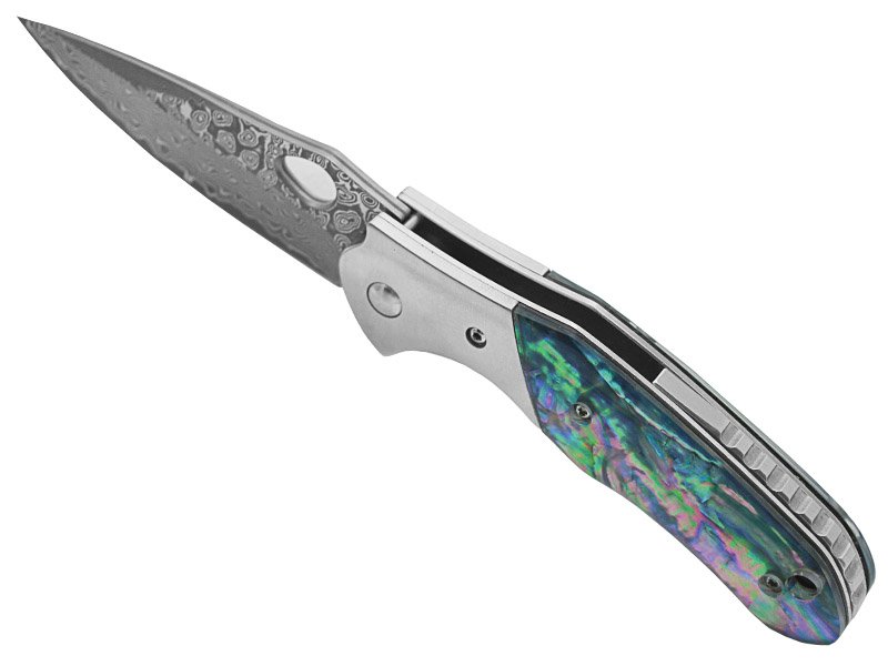 Canivete para colecionador em aço damasco. Empunhadura em abalone, 18 cm