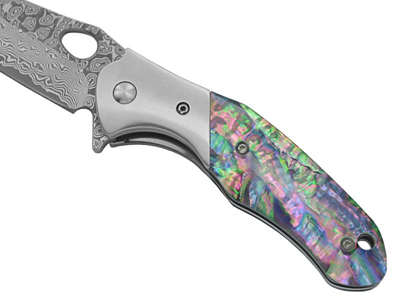 Canivete para colecionador em aço damasco. Empunhadura em abalone, 18 cm