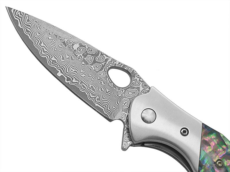 Canivete para colecionador em aço damasco. Empunhadura em abalone, 18 cm