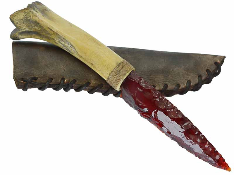 Faca para colecionador em Obsidiana com empunhadura em osso de cordeiro, 24 cm