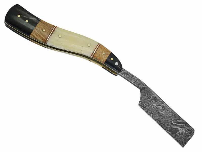 Navalha para colecionador forjada em aço damasco. Empunhadura em osso de boi e chifre de búfalo, 24 cm