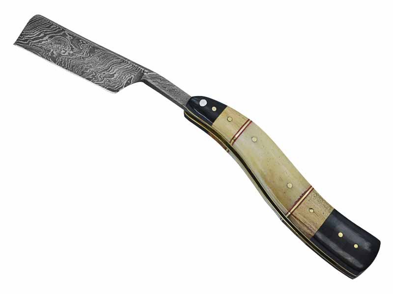 Navalha para colecionador forjada em aço damasco. Empunhadura em osso de boi e chifre de búfalo, 24 cm