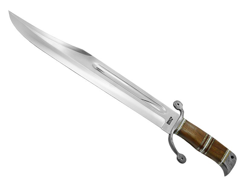 Faca grande para colecionador fuller bowie aço D2. Empunhadura em burl wood, 60 cm