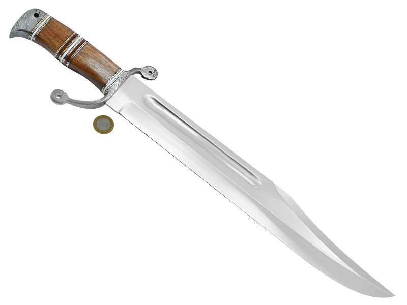 Faca grande para colecionador fuller bowie aço D2. Empunhadura em burl wood, 60 cm