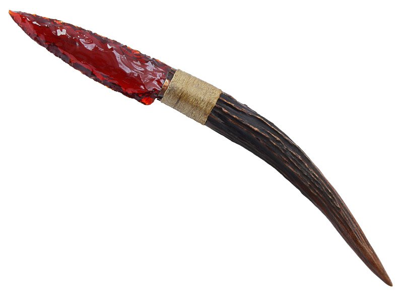 Faca para colecionador em Obsidiana verde. Empunhadura em chifre de cervo, 29 cm