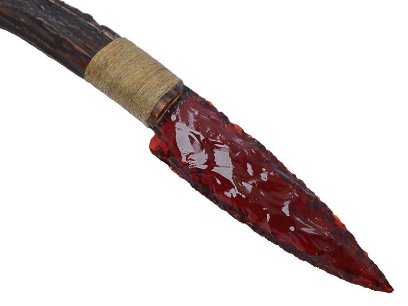 Faca para colecionador em Obsidiana verde. Empunhadura em chifre de cervo, 29 cm