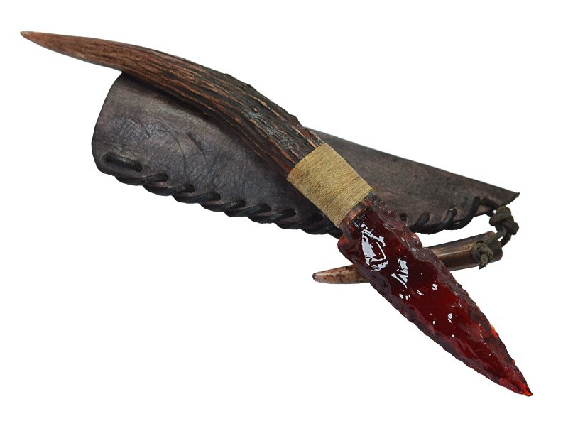 Faca para colecionador em Obsidiana verde. Empunhadura em chifre de cervo, 29 cm