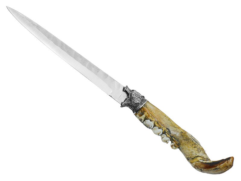 Adellar Filippon faca para colecionador em aço inox. Empunhadura em mandibula de javali, 31 cm