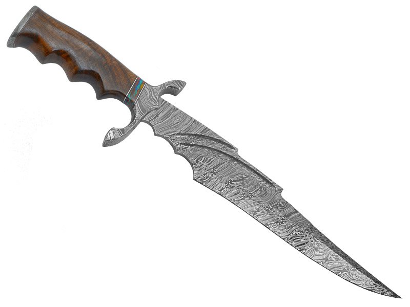 Faca bowie para colecionador em aço damasco fuller. Empunhadura em rádica de roseira, 45 cm