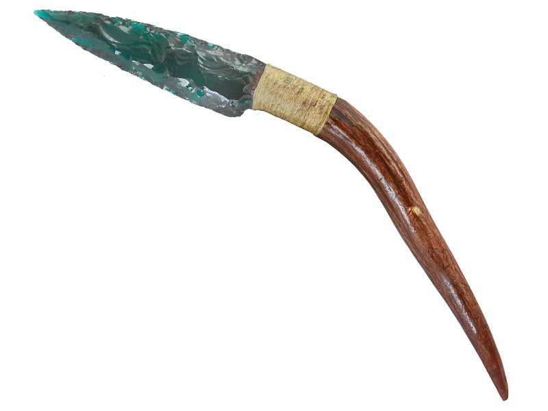 Faca para colecionador em Obsidiana verde. Empunhadura em chifre de cervo, 29 cm