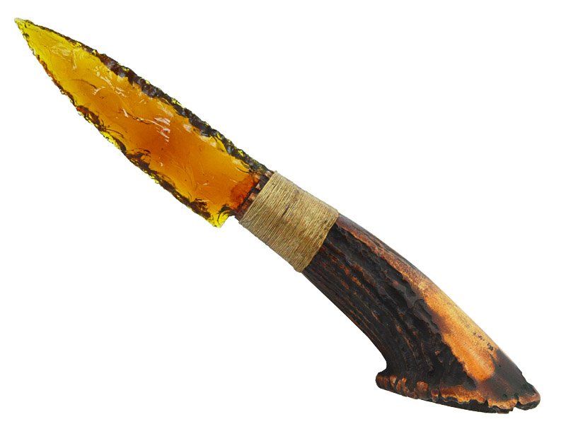 Faca para colecionador em Obsidiana com empunhadura em chifre de cervo, 26 cm