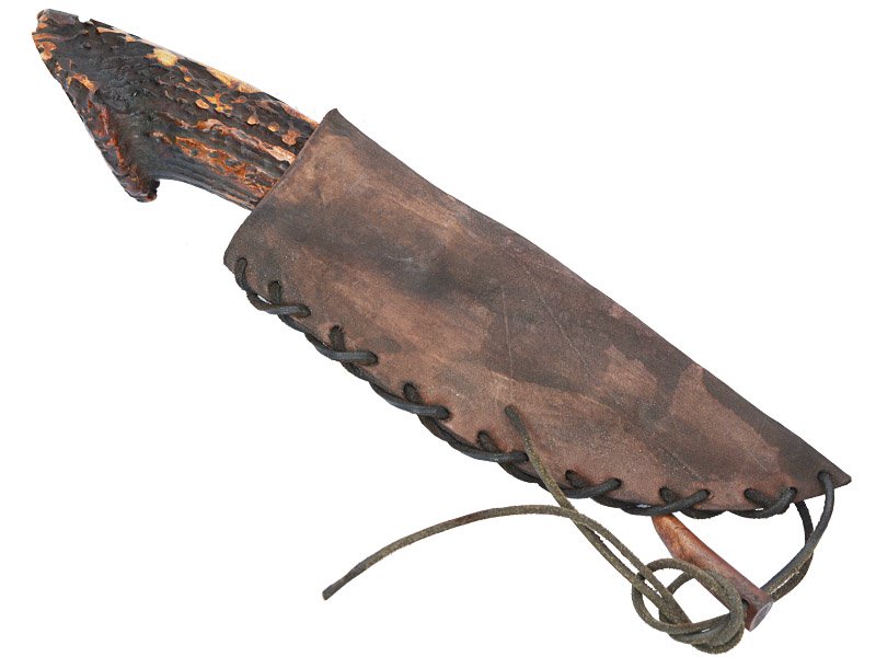 Faca para colecionador em Obsidiana com empunhadura em chifre de cervo, 26 cm
