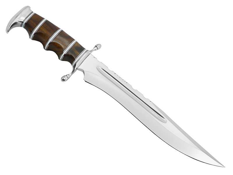 Faca bowie para colecionador em aço D2 fuller. Empunhadura em rádica de roseira, 42 cm