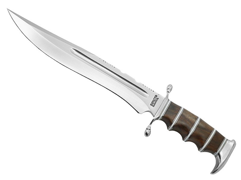 Faca bowie para colecionador em aço D2 fuller. Empunhadura em rádica de roseira, 42 cm