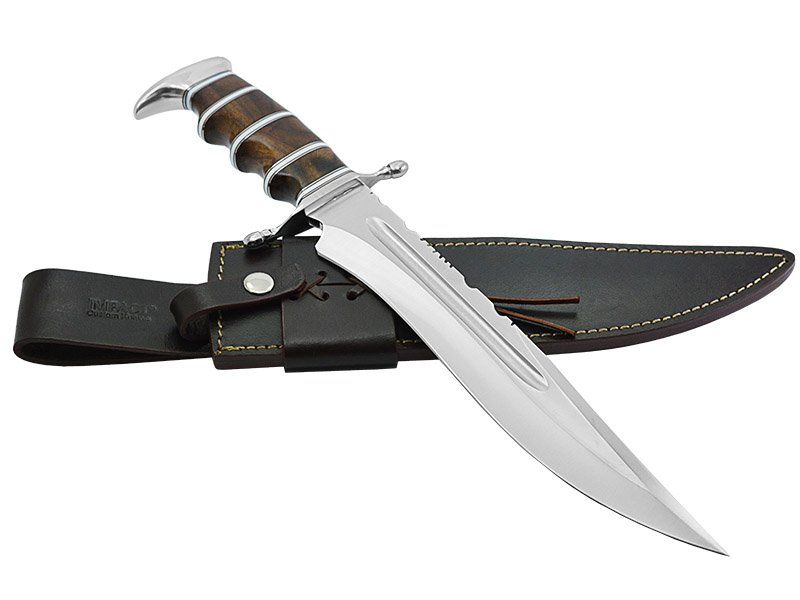 Faca bowie para colecionador em aço D2 fuller. Empunhadura em rádica de roseira, 42 cm
