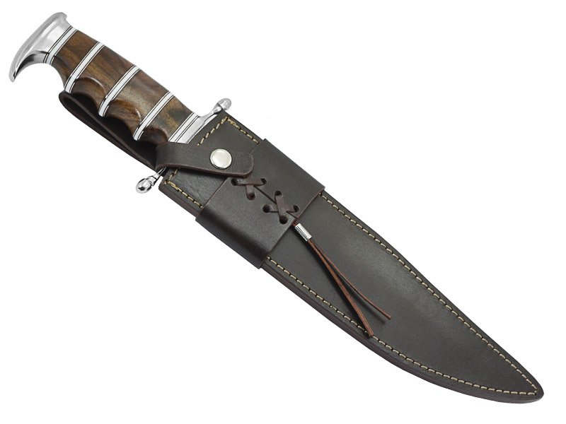 Faca bowie para colecionador em aço D2 fuller. Empunhadura em rádica de roseira, 42 cm