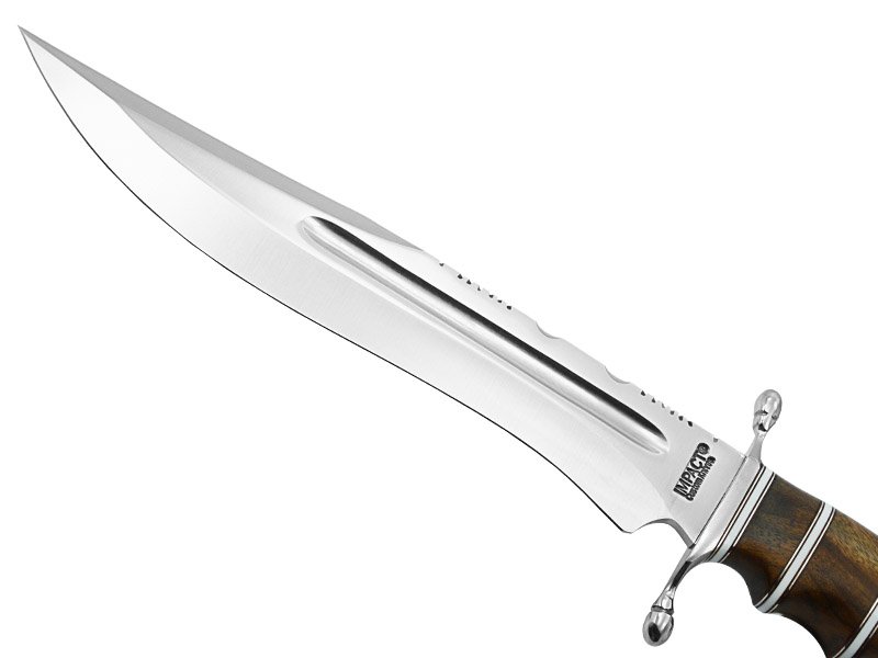 Faca bowie para colecionador em aço D2 fuller. Empunhadura em rádica de roseira, 42 cm