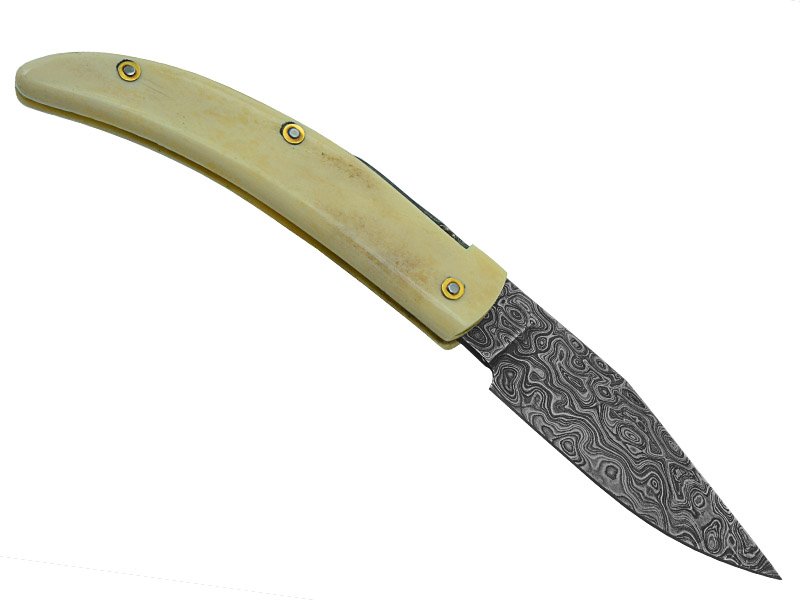 Canivete friction folder para colecionador em aço damasco. Empunhadura em osso, 20cm