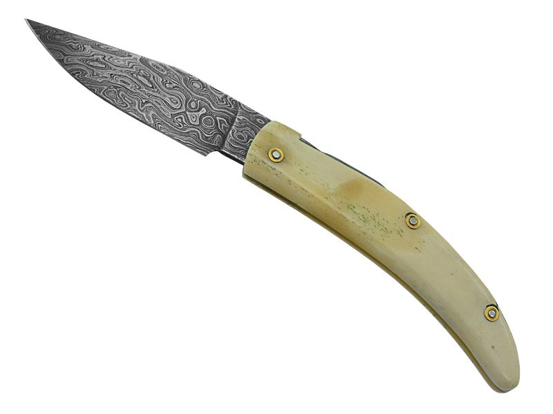 Canivete friction folder para colecionador em aço damasco. Empunhadura em osso, 20cm