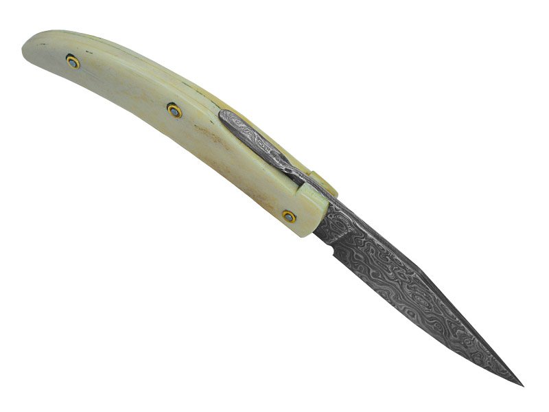 Canivete friction folder para colecionador em aço damasco. Empunhadura em osso, 20cm