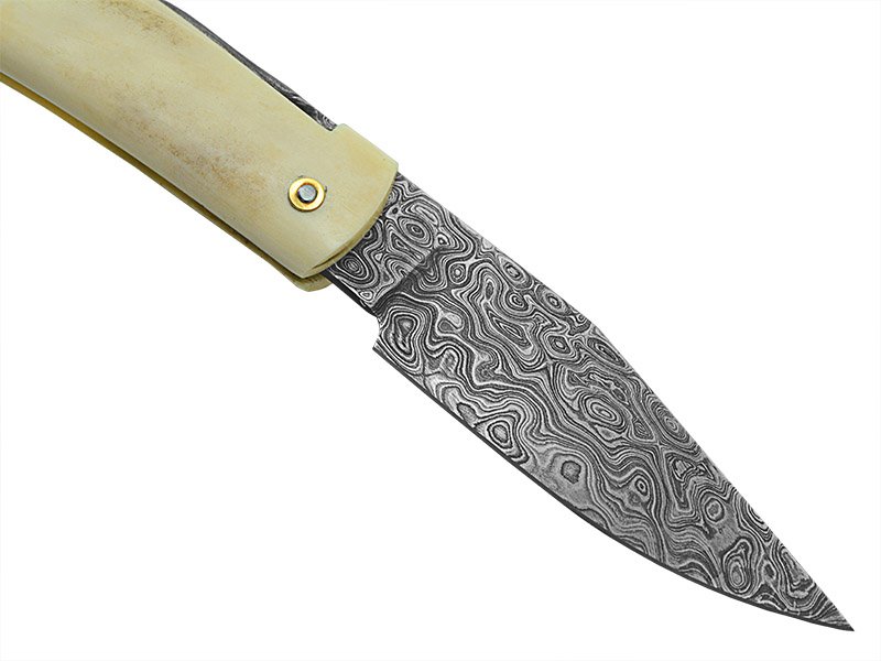Canivete friction folder para colecionador em aço damasco. Empunhadura em osso, 20cm