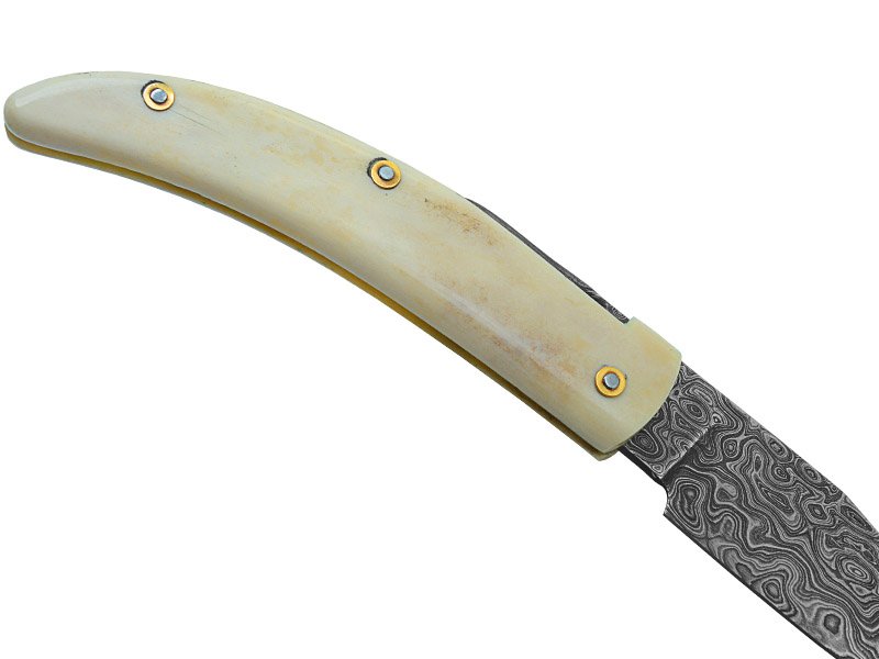 Canivete friction folder para colecionador em aço damasco. Empunhadura em osso, 20cm