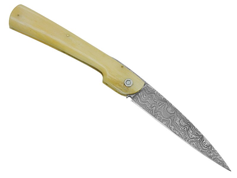 Canivete friction folder para colecionador em aço damasco. Empunhadura em osso, 21 cm