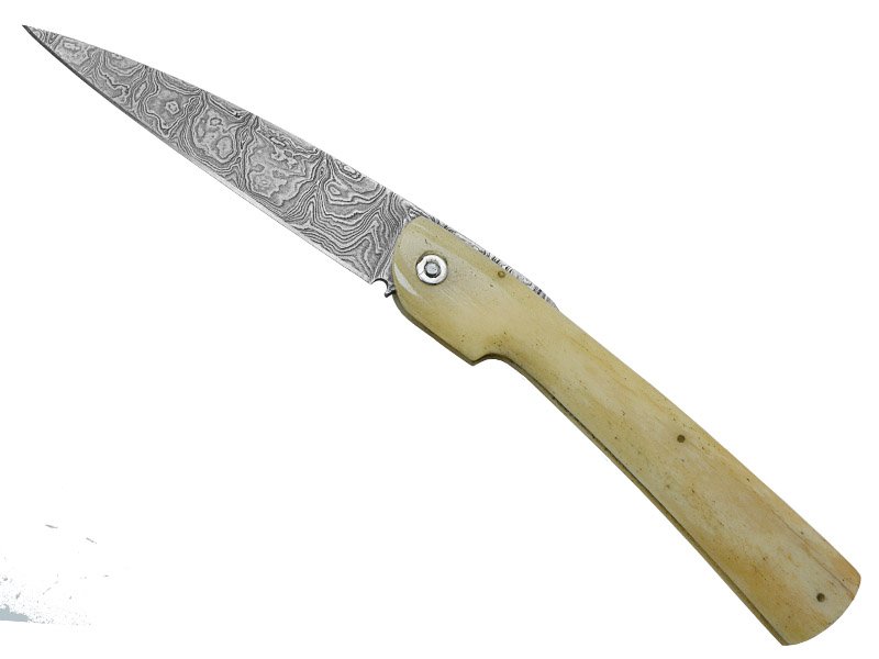Canivete friction folder para colecionador em aço damasco. Empunhadura em osso, 21 cm