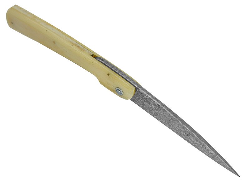 Canivete friction folder para colecionador em aço damasco. Empunhadura em osso, 21 cm