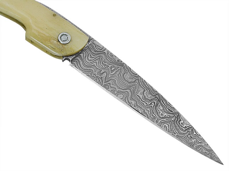 Canivete friction folder para colecionador em aço damasco. Empunhadura em osso, 21 cm