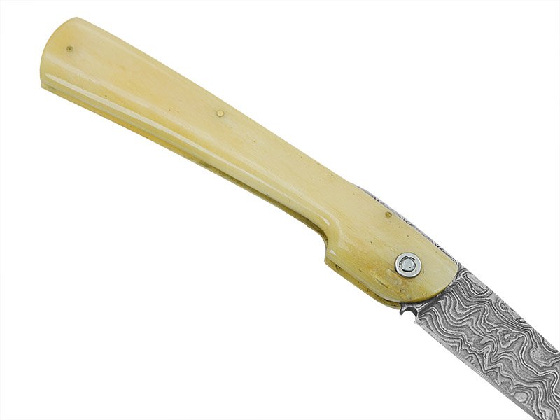 Canivete friction folder para colecionador em aço damasco. Empunhadura em osso, 21 cm