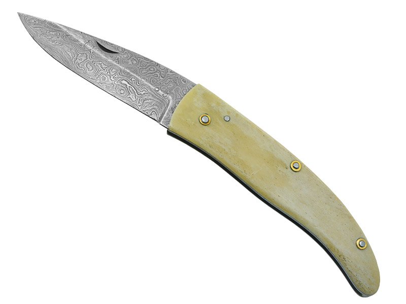 Canivete friction folder para colecionador em aço damasco. Empunhadura em osso, 19 cm