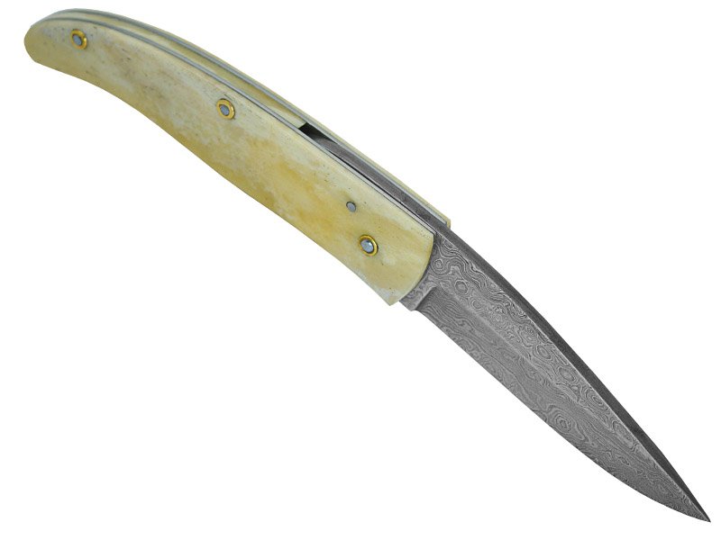 Canivete friction folder para colecionador em aço damasco. Empunhadura em osso, 19 cm