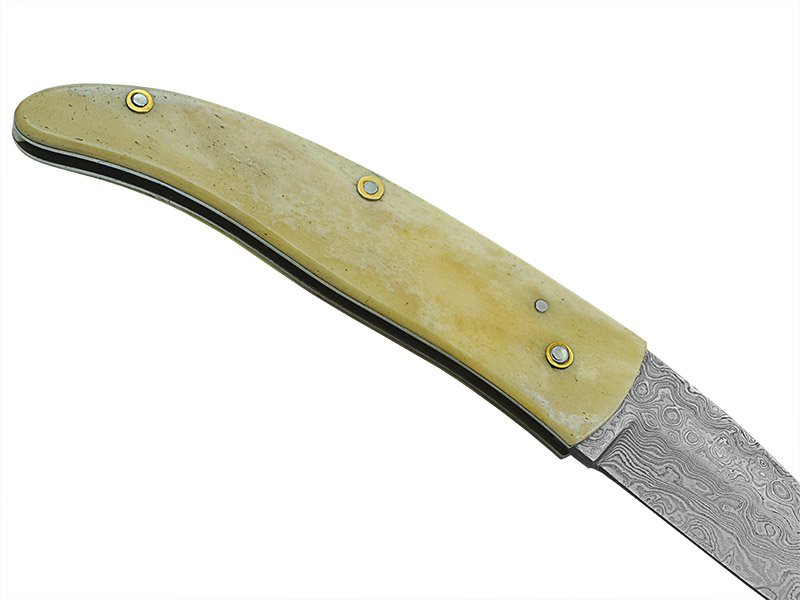Canivete friction folder para colecionador em aço damasco. Empunhadura em osso, 19 cm