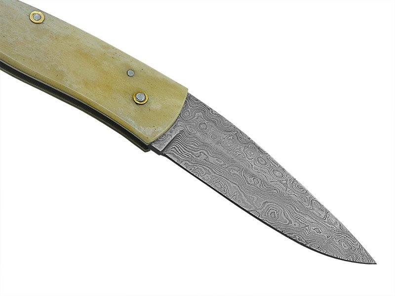 Canivete friction folder para colecionador em aço damasco. Empunhadura em osso, 19 cm