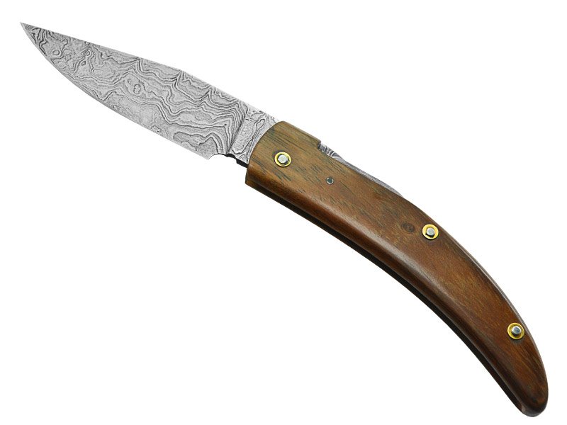 Canivete friction folder para colecionador em aço damasco. Empunhadura em nogueira, 20 cm