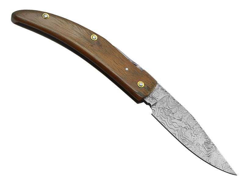 Canivete friction folder para colecionador em aço damasco. Empunhadura em nogueira, 20 cm