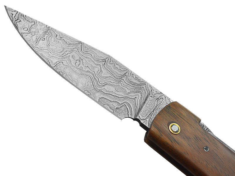 Canivete friction folder para colecionador em aço damasco. Empunhadura em nogueira, 20 cm
