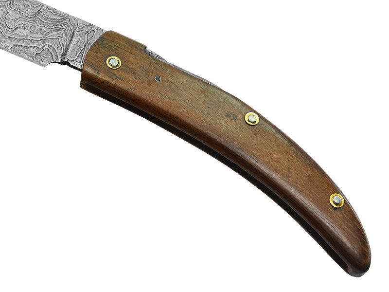 Canivete friction folder para colecionador em aço damasco. Empunhadura em nogueira, 20 cm