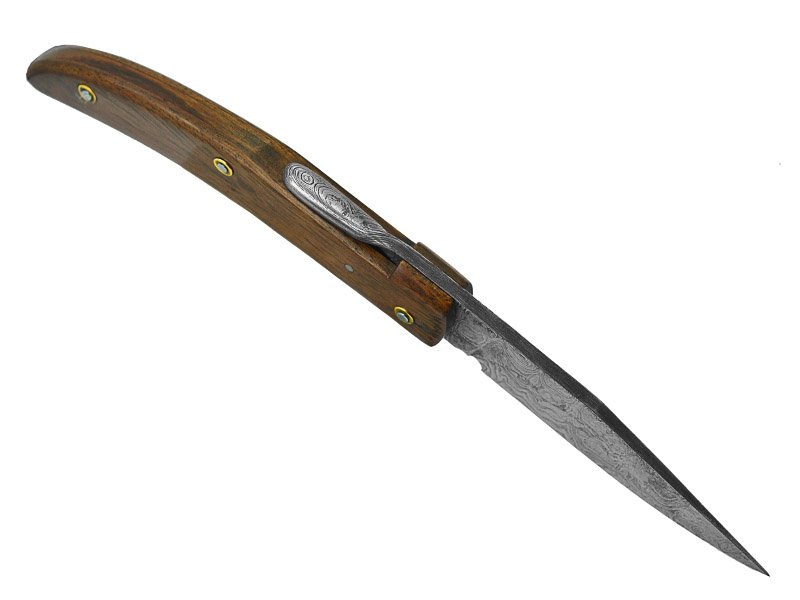 Canivete friction folder para colecionador em aço damasco. Empunhadura em nogueira, 20 cm