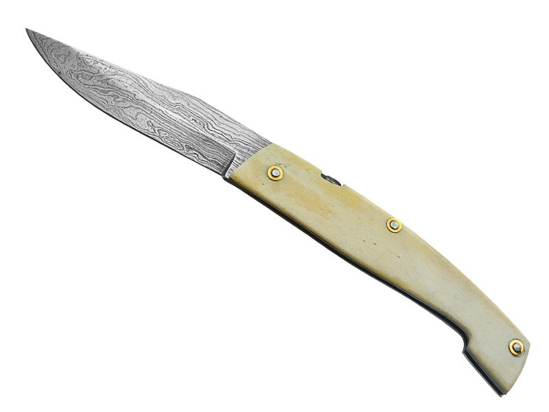 Canivete friction folder para colecionador em aço damasco. Empunhadura em osso, 20 cm