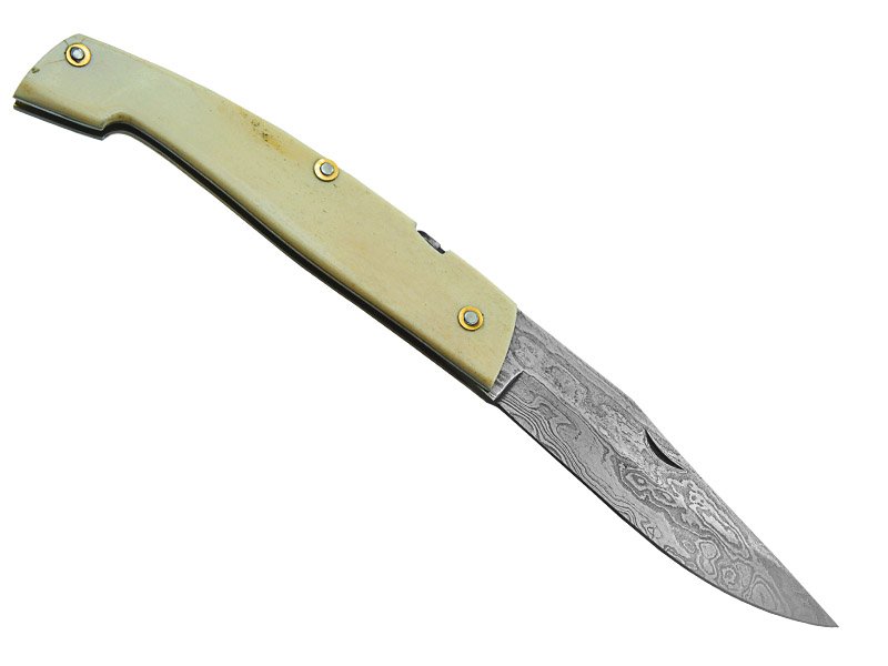 Canivete friction folder para colecionador em aço damasco. Empunhadura em osso, 20 cm