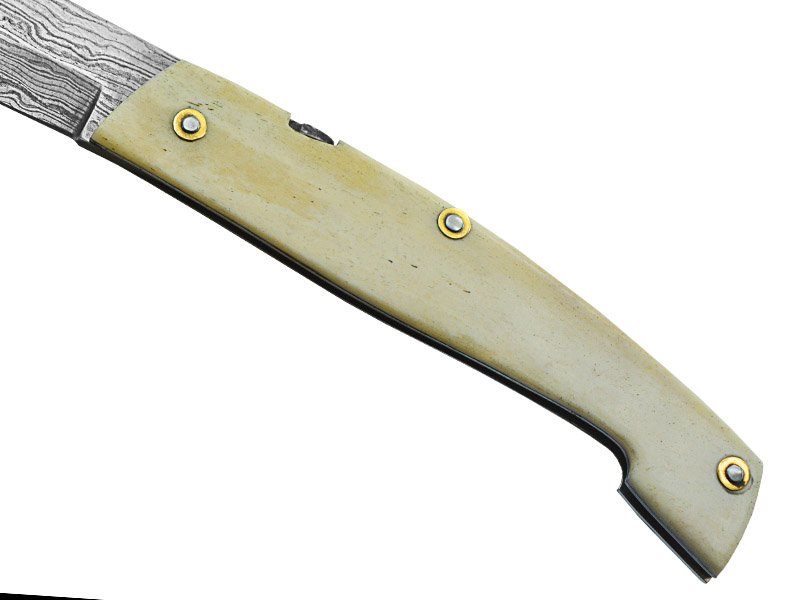 Canivete friction folder para colecionador em aço damasco. Empunhadura em osso, 20 cm