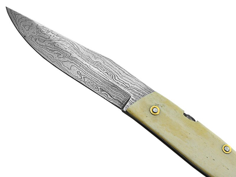 Canivete friction folder para colecionador em aço damasco. Empunhadura em osso, 20 cm